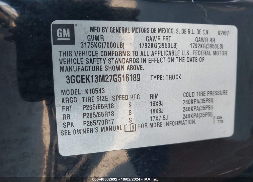 2007 CHEVROLET SILVERADO 1500 LT2 VIN: 3GCEK13M27G516189