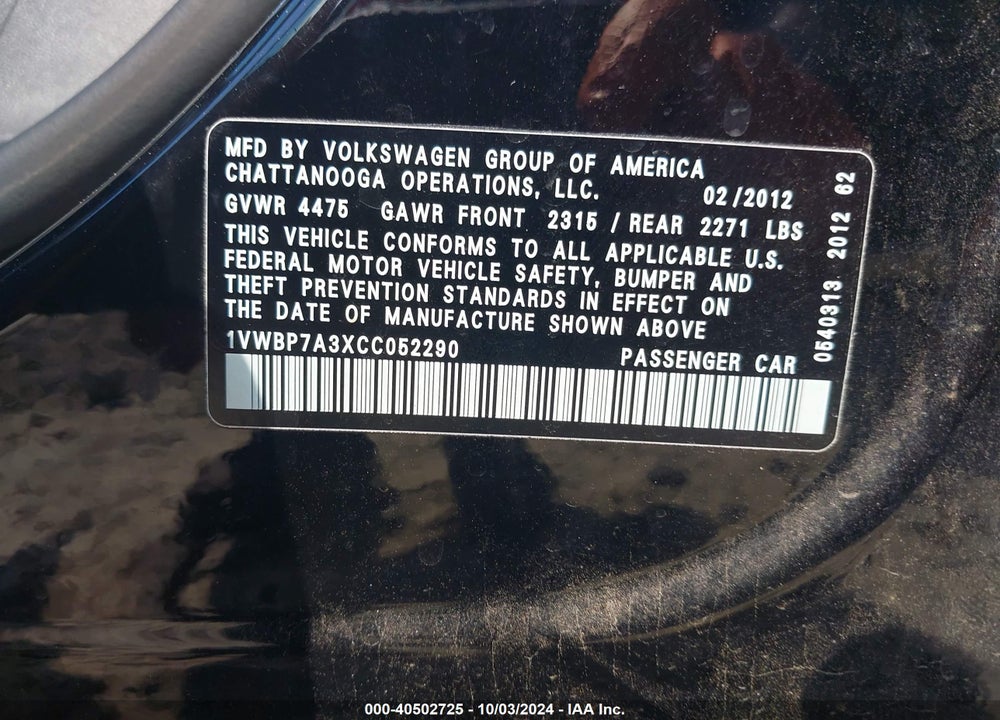 2012 VOLKSWAGEN PASSAT 2.5L SE VIN: 1VWBP7A3XCC052290