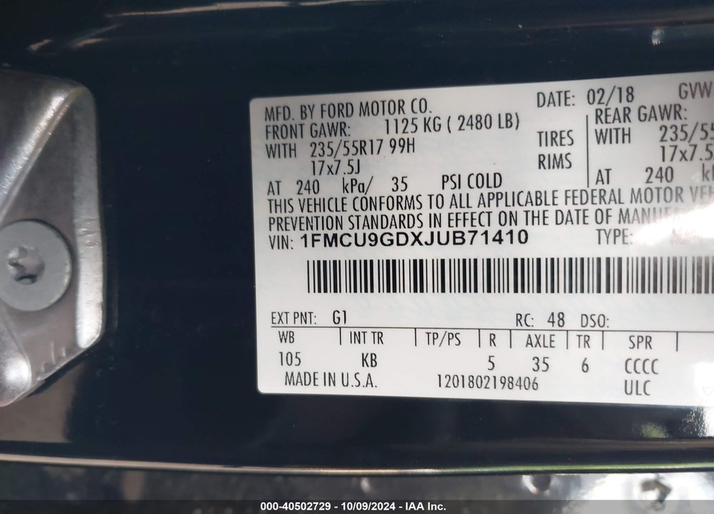 2018 FORD ESCAPE SE VIN: 1FMCU9GDXJUB71410