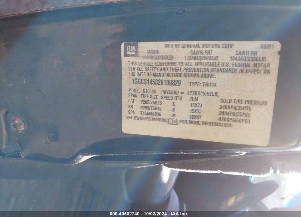 2002 CHEVROLET S-10 LS VIN: 1GCCS145828109829