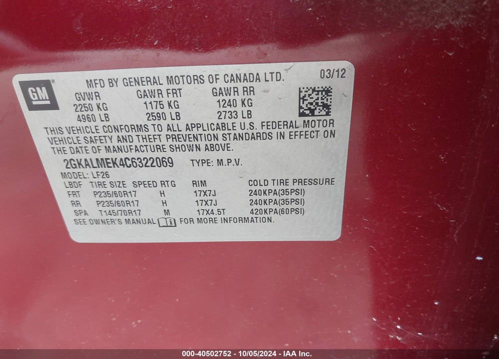 2012 GMC TERRAIN SLE-1 VIN: 2GKALMEK4C6322069