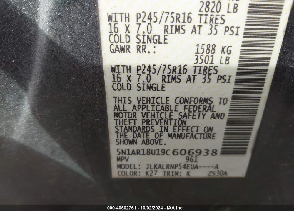 2009 NISSAN PATHFINDER S VIN: 5N1AR18U19C606938