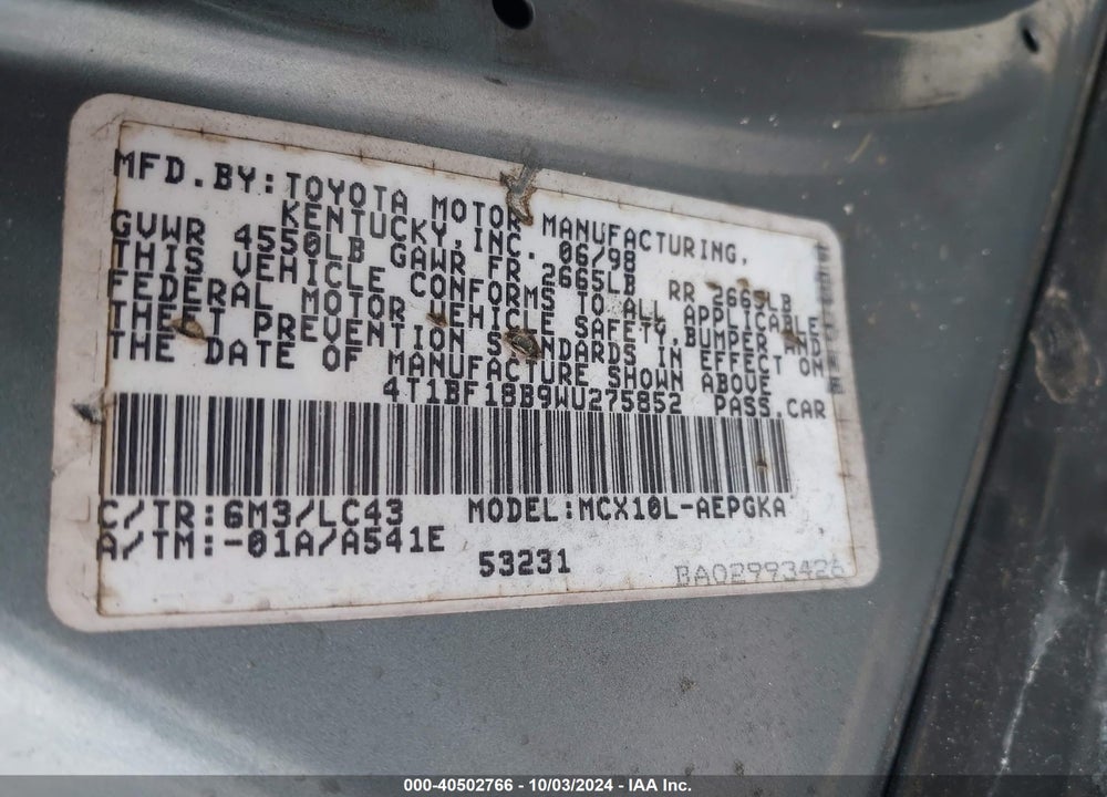 1998 TOYOTA AVALON XLS VIN: 4T1BF18B9WU275852