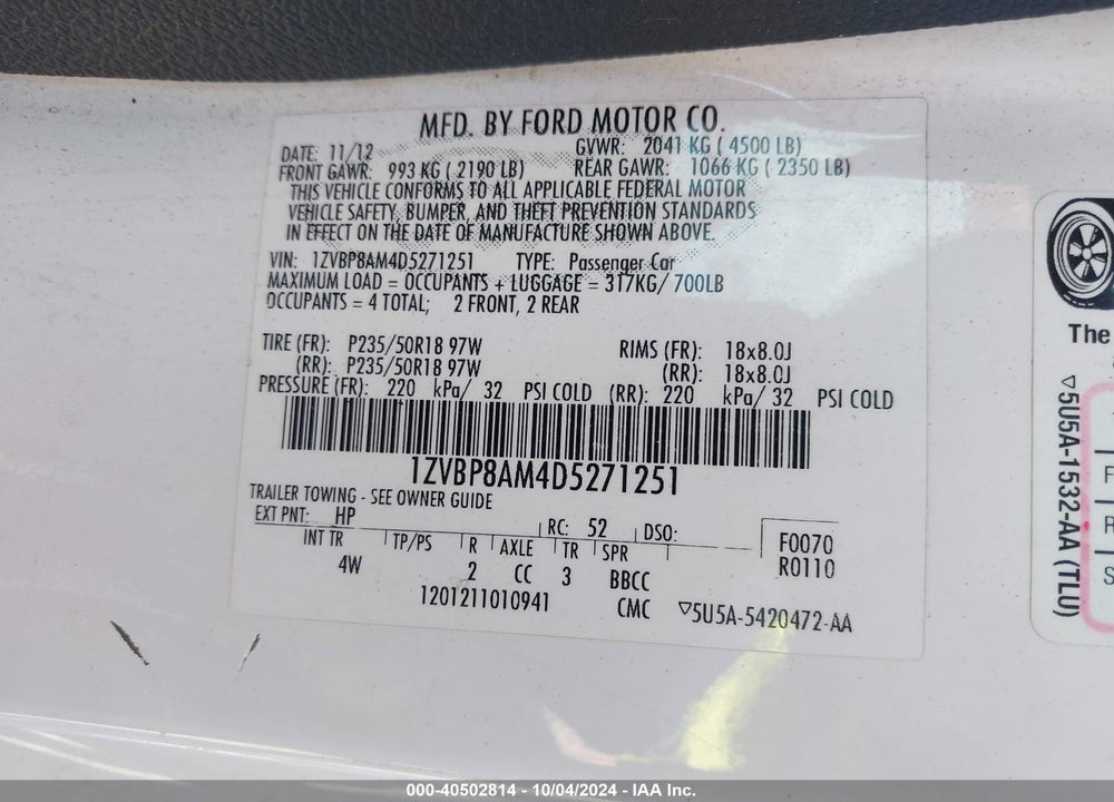 2013 FORD MUSTANG V6 PREMIUM VIN: 1ZVBP8AM4D5271251