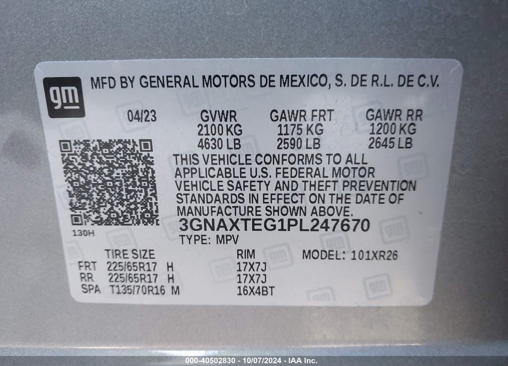 2023 CHEVROLET EQUINOX AWD 2FL VIN: 3GNAXTEG1PL247670