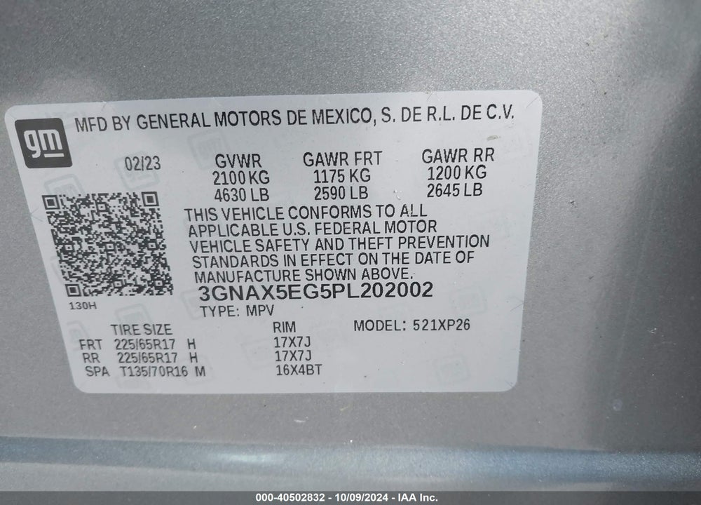 2023 CHEVROLET EQUINOX AWD 1FL VIN: 3GNAX5EG5PL202002
