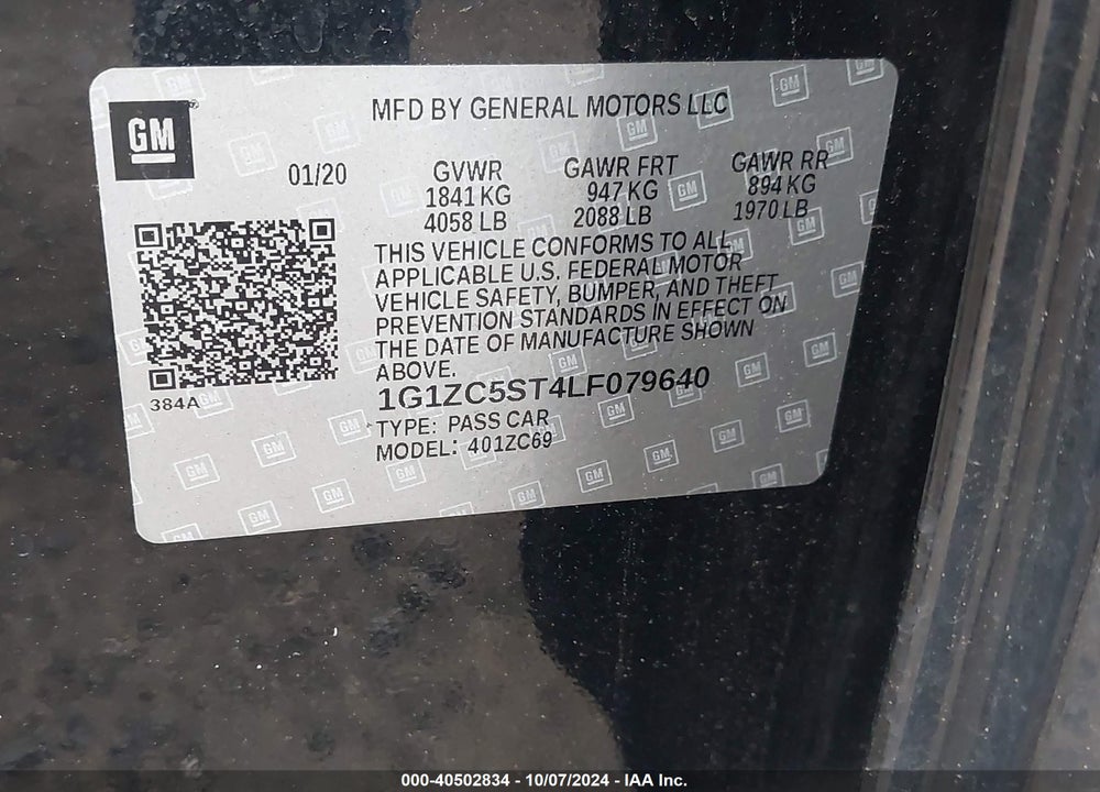 2020 CHEVROLET MALIBU FWD 1FL VIN: 1G1ZC5ST4LF079640