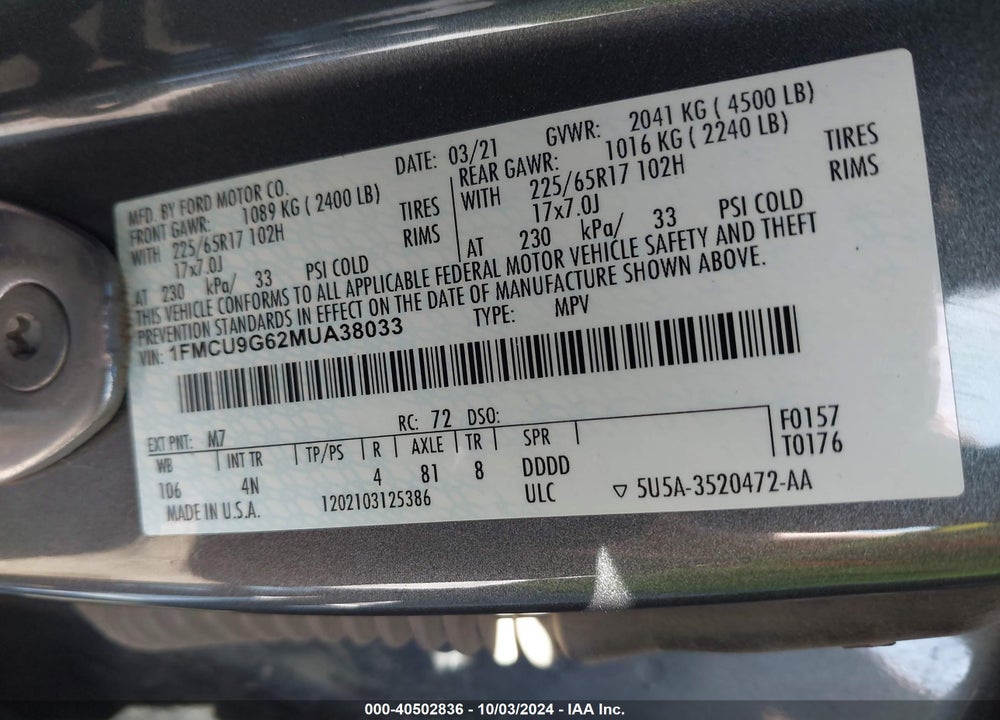 2021 FORD ESCAPE SE VIN: 1FMCU9G62MUA38033
