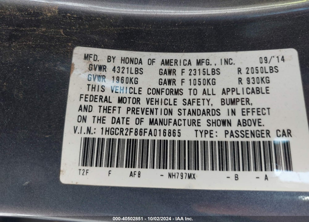 2015 HONDA ACCORD EX-L VIN: 1HGCR2F86FA016865