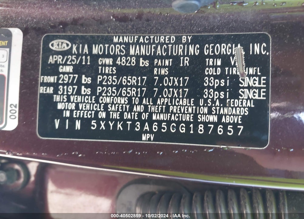 2012 KIA SORENTO LX VIN: 5XYKT3A65CG187657