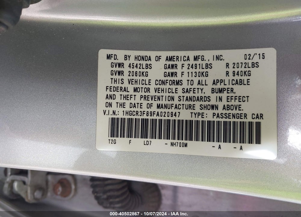 2015 HONDA ACCORD EX-L V-6 VIN: 1HGCR3F89FA020947