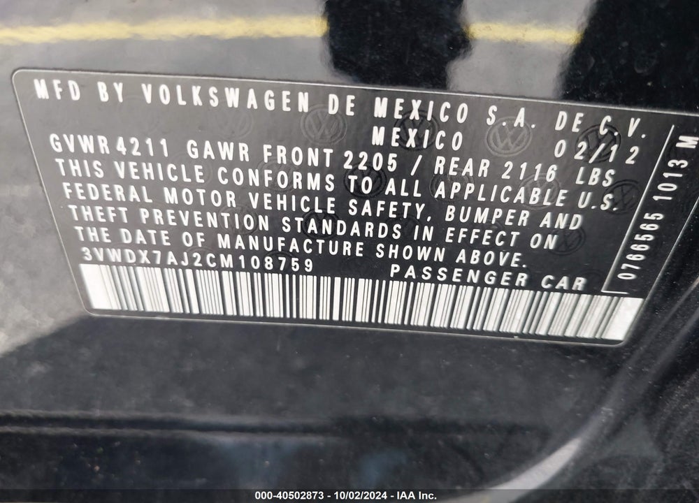 2012 VOLKSWAGEN JETTA 2.5L SE VIN: 3VWDX7AJ2CM108759