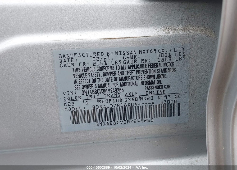 2021 NISSAN SENTRA SV XTRONIC CVT VIN: 3N1AB8CV3MY249265