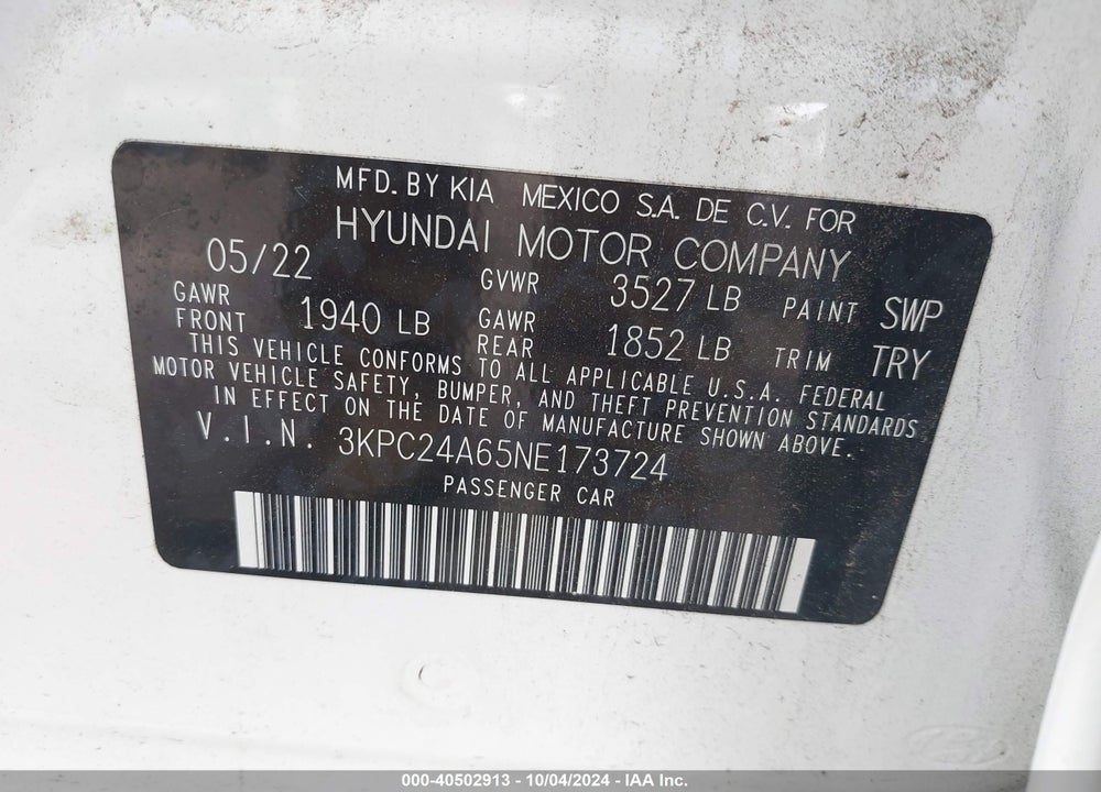 2022 HYUNDAI ACCENT VIN: 3KPC24A65NE173724