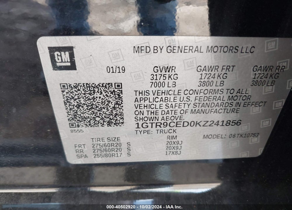 2019 GMC SIERRA 1500 ELEVATION VIN: 1GTR9CED0KZ241856