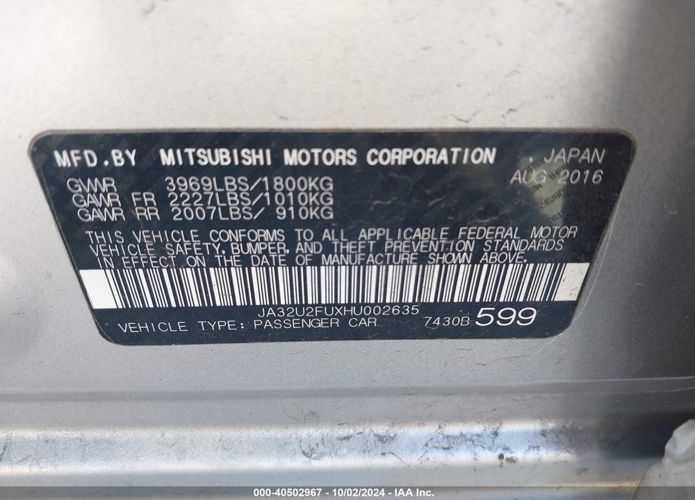 2017 MITSUBISHI LANCER ES/LE VIN: JA32U2FUXHU002635