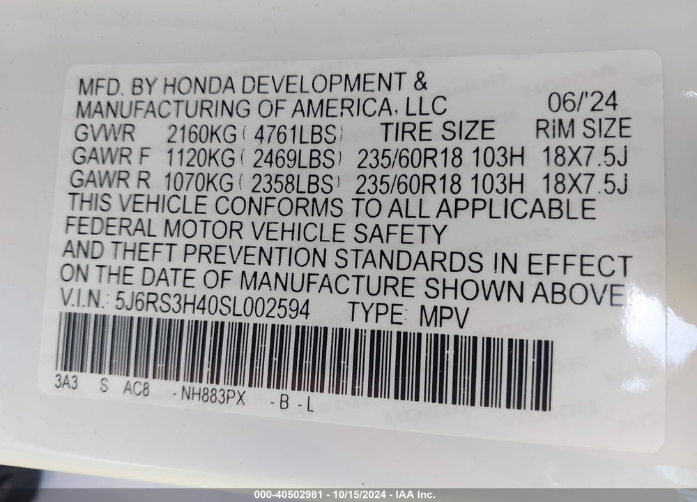 2025 HONDA CR-V EX 2WD VIN: 5J6RS3H40SL002594
