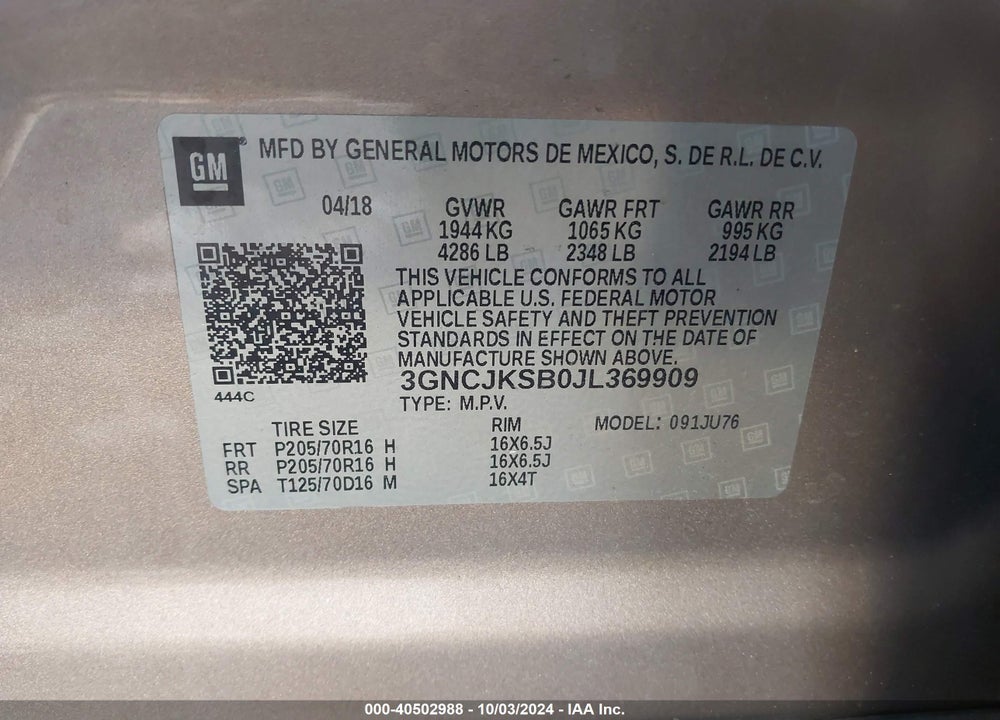 2018 CHEVROLET TRAX LS VIN: 3GNCJKSB0JL369909