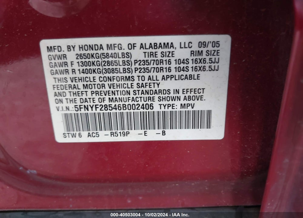 2006 HONDA PILOT EX-L VIN: 5FNYF28546B002406