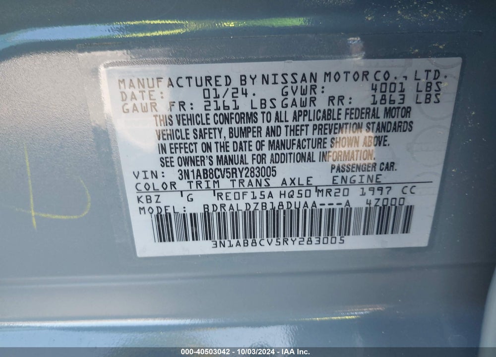 2024 NISSAN SENTRA SV XTRONIC CVT VIN: 3N1AB8CV5RY283005