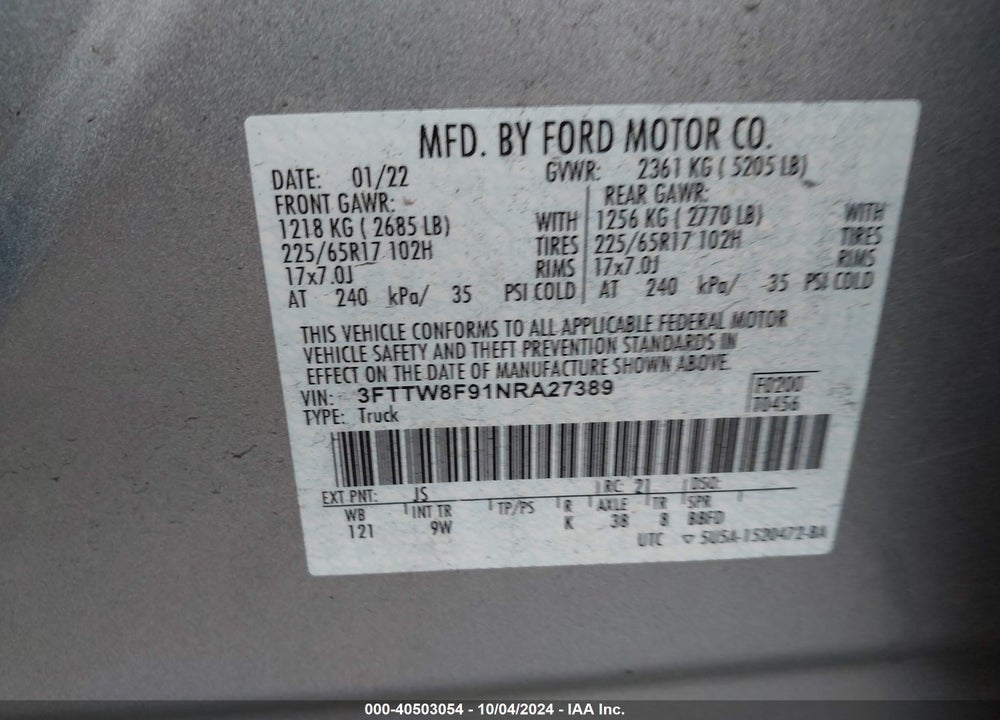 2022 FORD MAVERICK XL VIN: 3FTTW8F91NRA27389