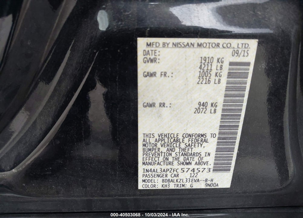 2015 NISSAN ALTIMA 2.5 SV VIN: 1N4AL3AP2FC574573