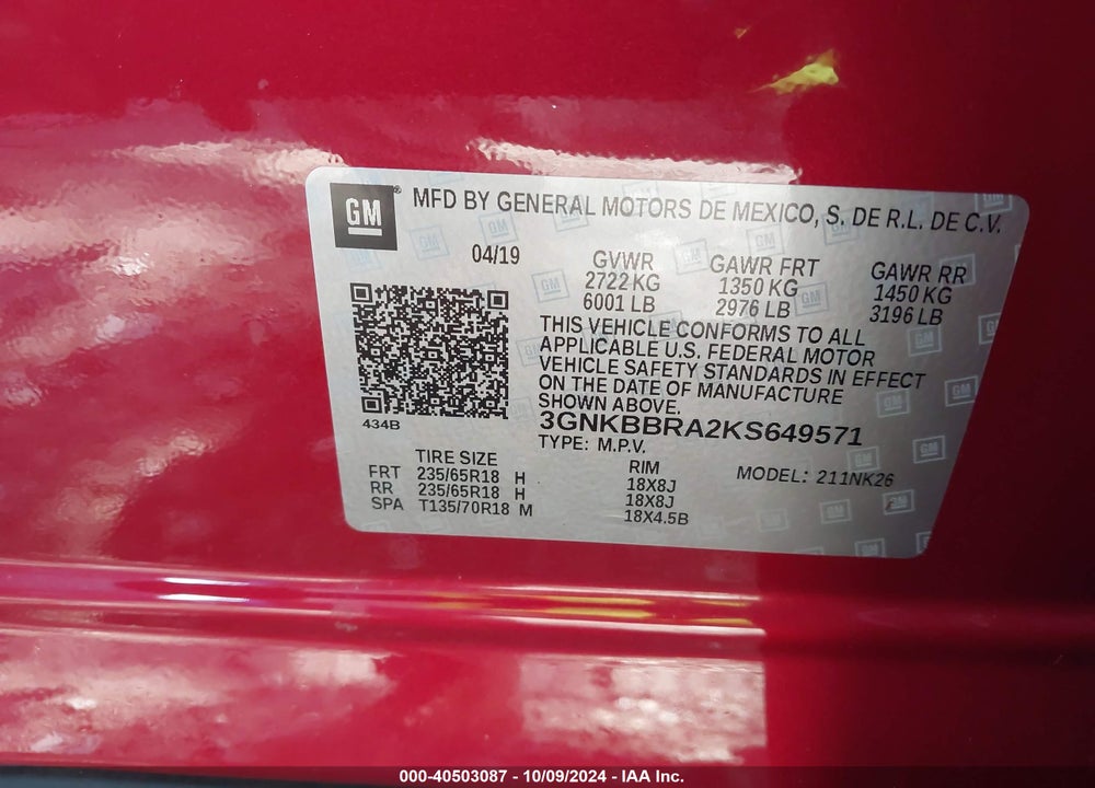 2019 CHEVROLET BLAZER VIN: 3GNKBBRA2KS649571
