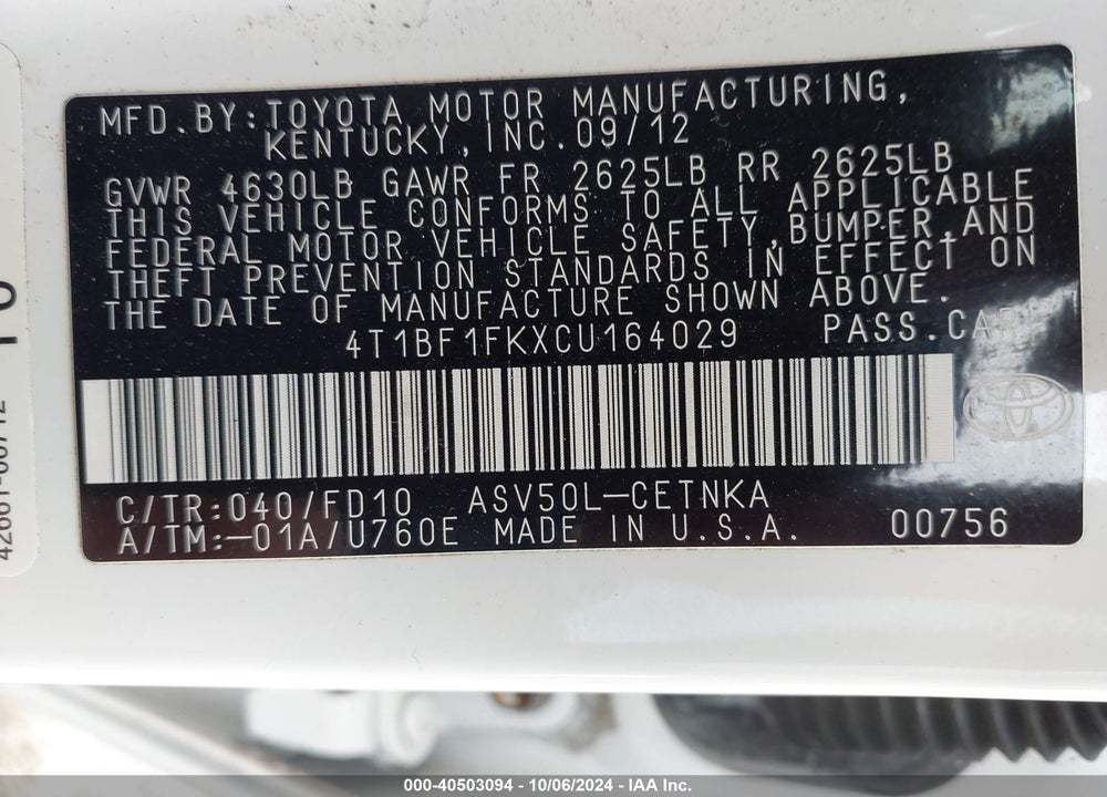 2012 TOYOTA CAMRY LE VIN: 4T1BF1FKXCU164029