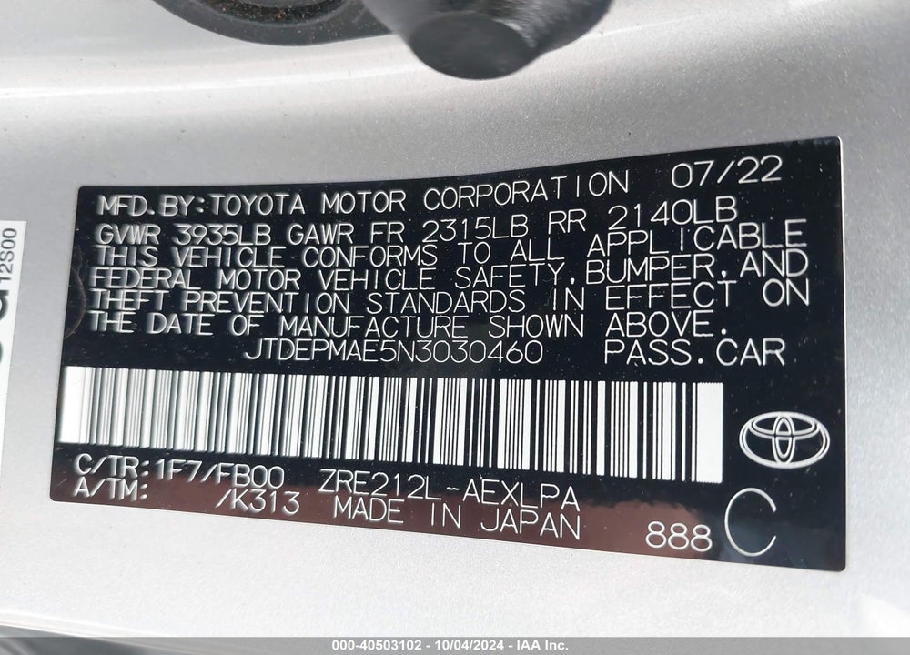 2022 TOYOTA COROLLA LE VIN: JTDEPMAE5N3030460