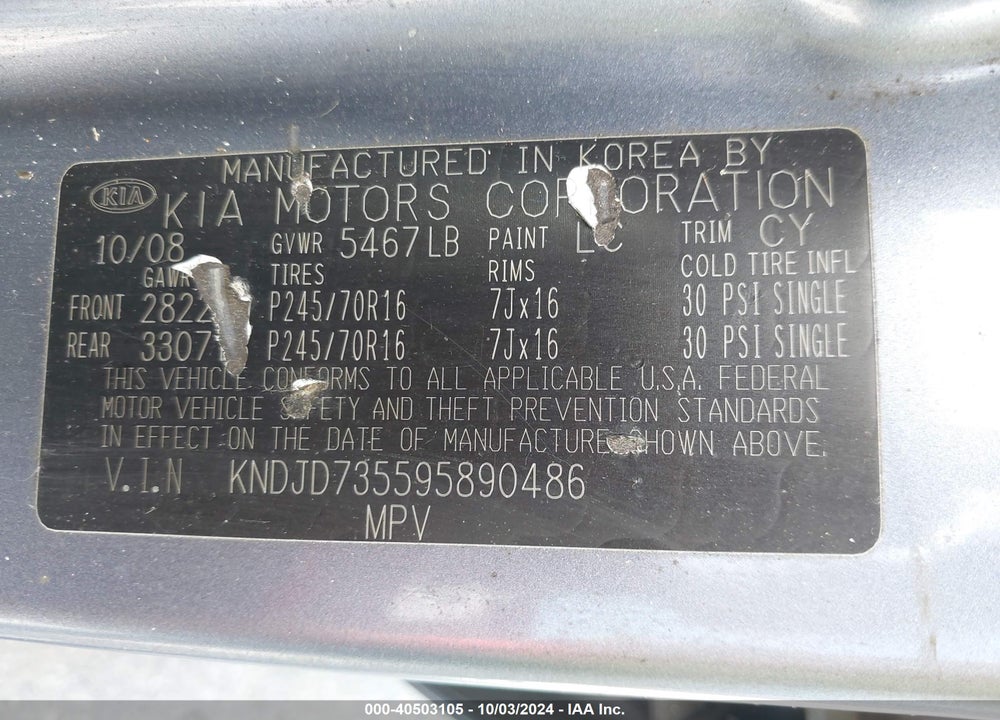 2009 KIA SORENTO LX BASE VIN: KNDJD735595890486