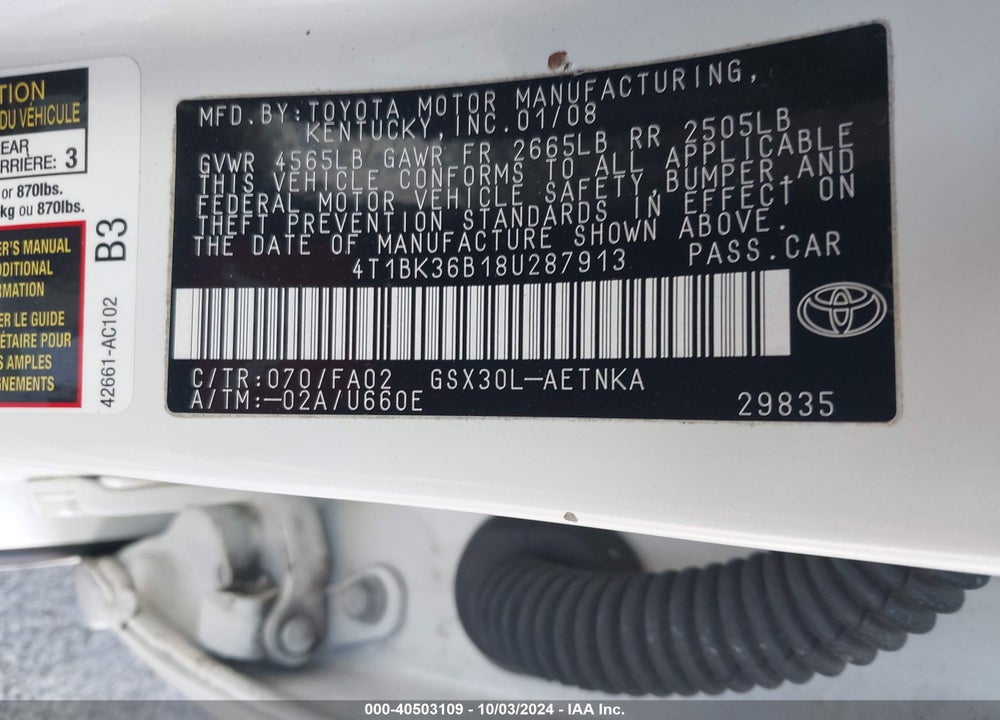2008 TOYOTA AVALON XL VIN: 4T1BK36B18U287913