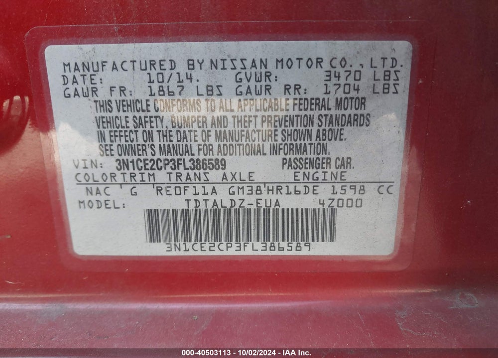2015 NISSAN VERSA NOTE SV VIN: 3N1CE2CP3FL386589