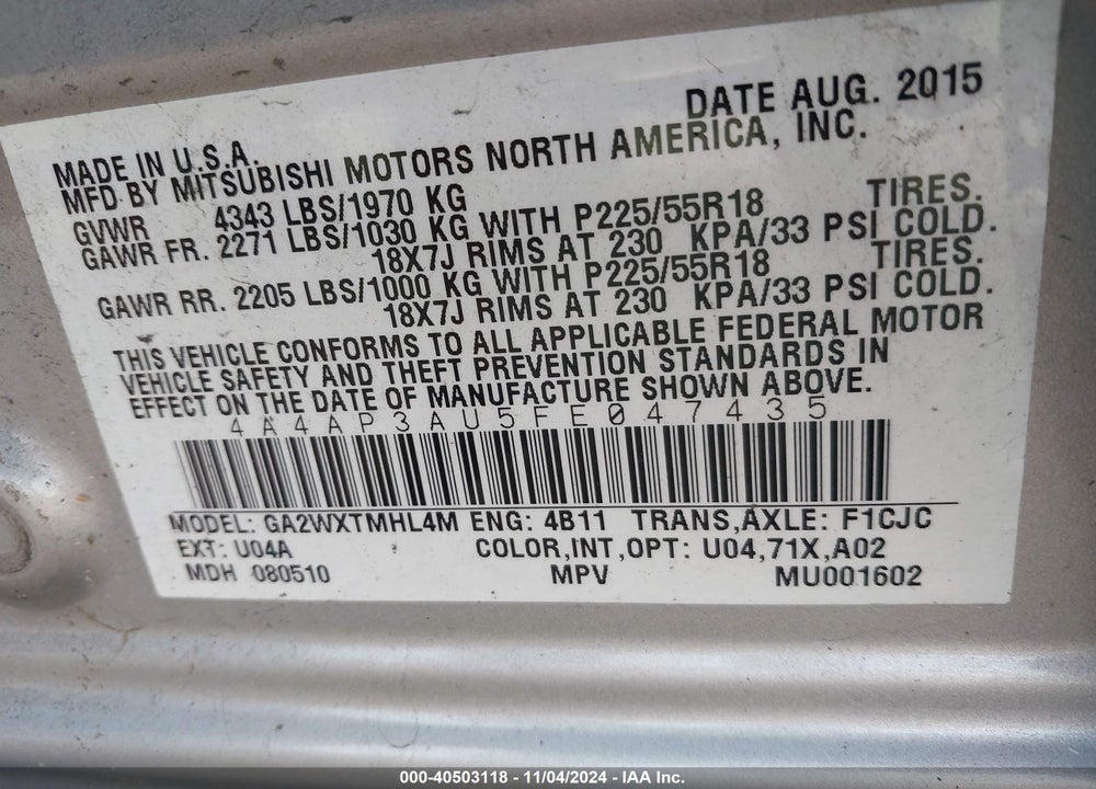 2015 MITSUBISHI OUTLANDER SPORT ES VIN: 4A4AP3AU5FE047435