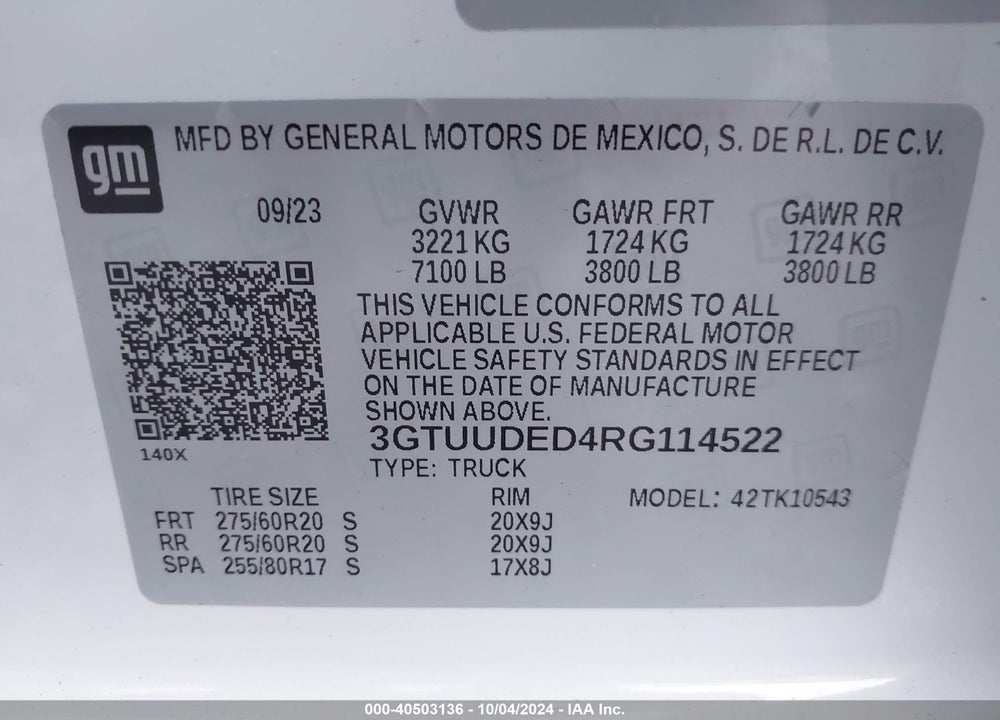 2024 GMC SIERRA 1500 4WD SHORT BOX SLT VIN: 3GTUUDED4RG114522