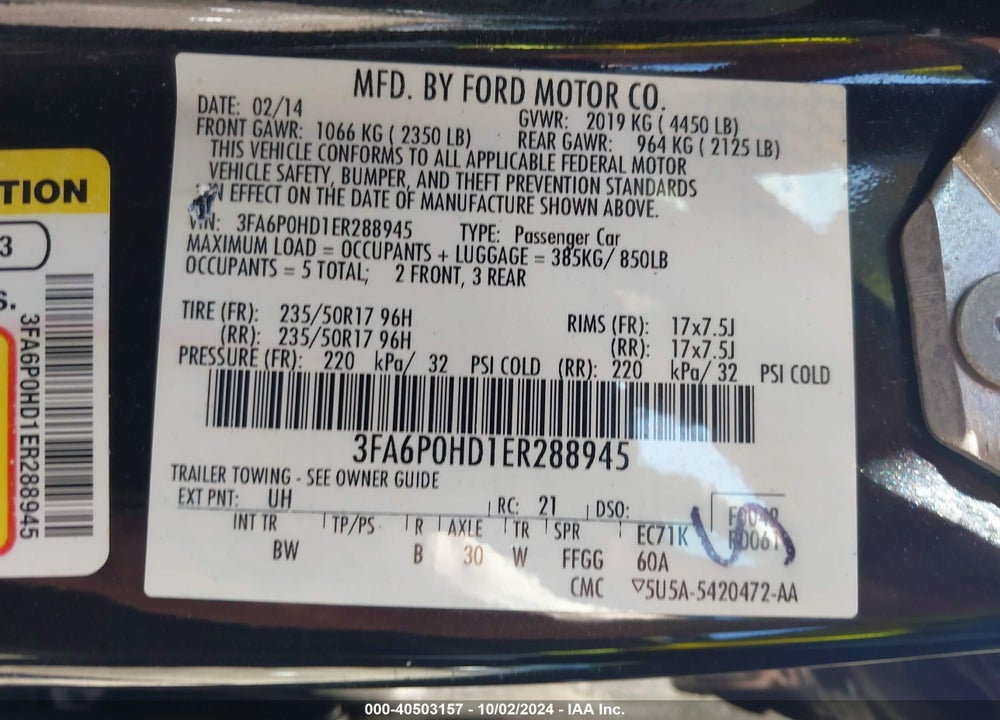 2014 FORD FUSION SE VIN: 3FA6P0HD1ER288945
