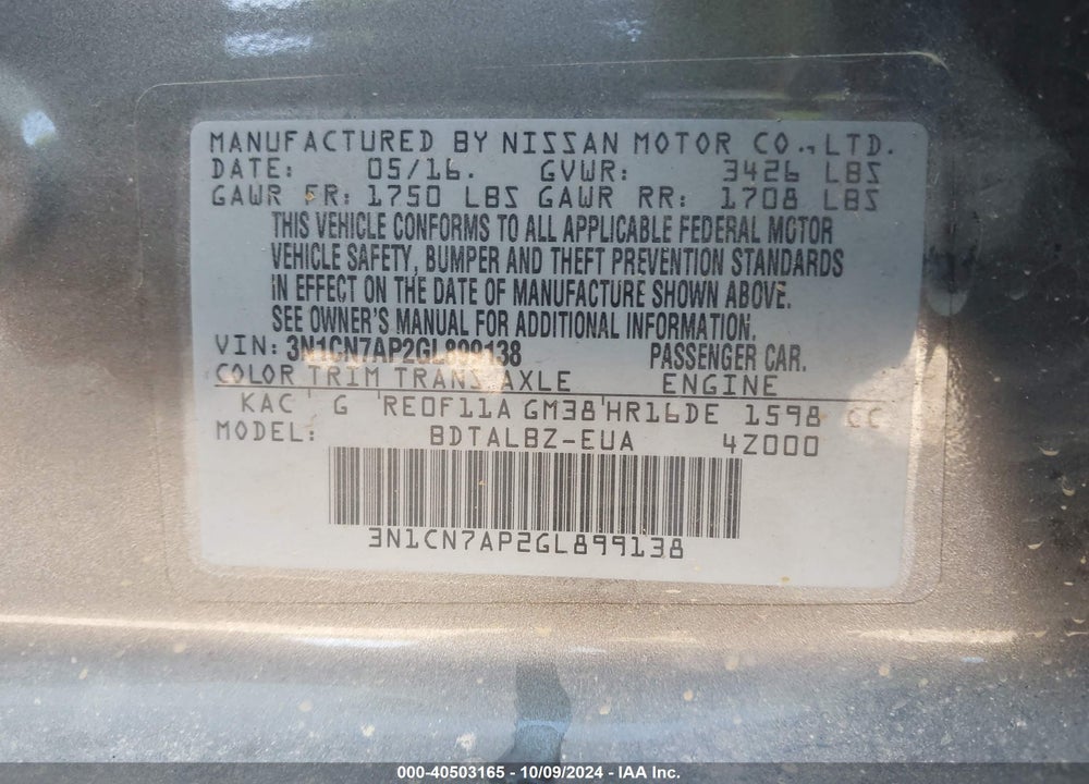 2016 NISSAN VERSA 1.6 SV VIN: 3N1CN7AP2GL899138