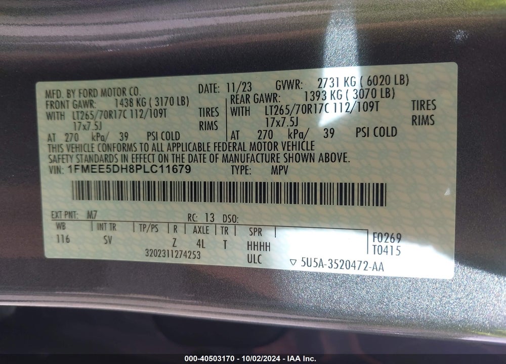 2023 FORD BRONCO BLACK DIAMOND VIN: 1FMEE5DH8PLC11679