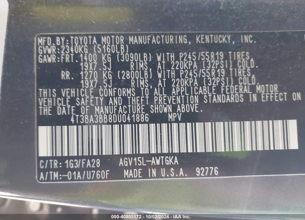2013 TOYOTA VENZA LE VIN: 4T3BA3BB8DU041886