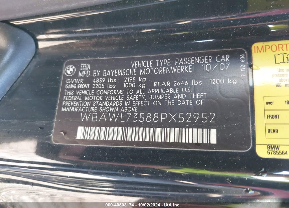 2008 BMW 335I VIN: WBAWL73588PX52952