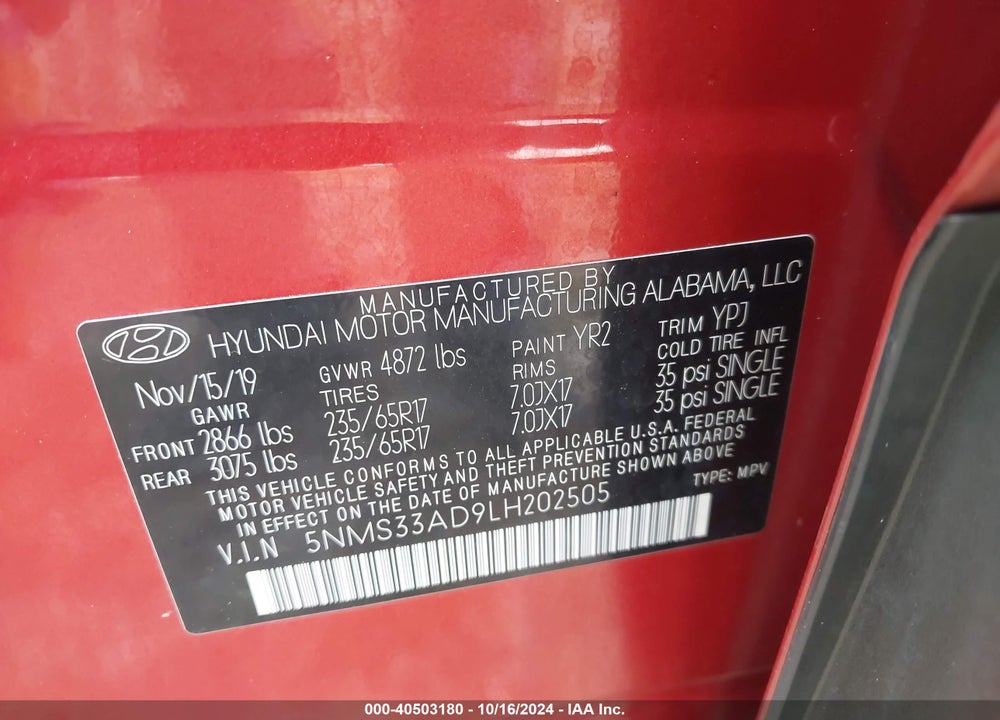 2020 HYUNDAI SANTA FE SEL VIN: 5NMS33AD9LH202505