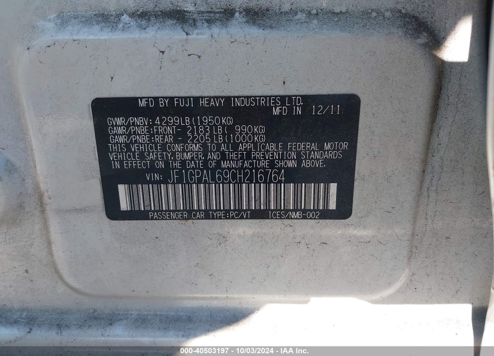 2012 SUBARU IMPREZA 2.0I SPORT PREMIUM VIN: JF1GPAL69CH216764