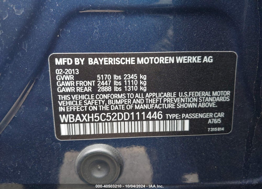 2013 BMW 528I XDRIVE VIN: WBAXH5C52DD111446