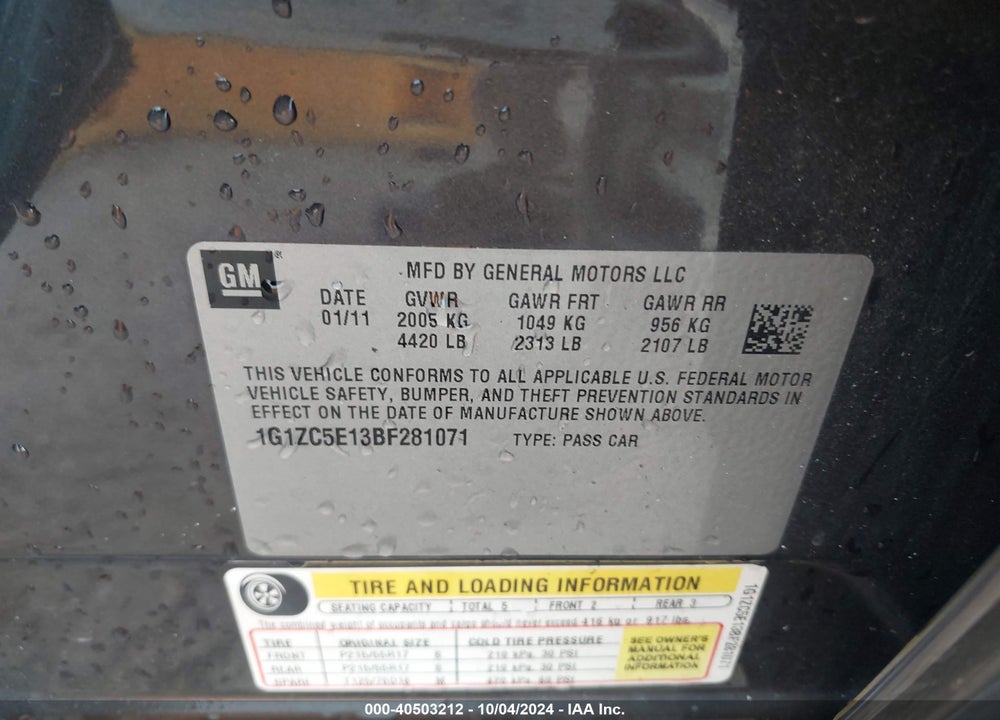 2011 CHEVROLET MALIBU 1LT VIN: 1G1ZC5E13BF281071