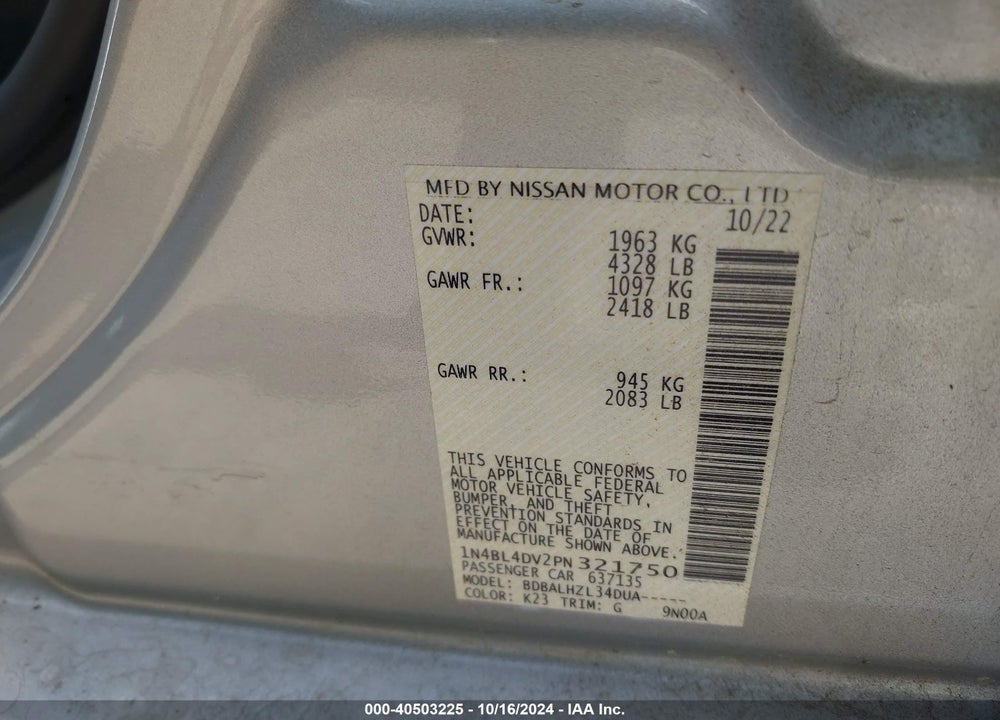 2023 NISSAN ALTIMA SV FWD VIN: 1N4BL4DV2PN321750