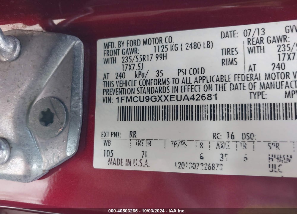 2014 FORD ESCAPE SE VIN: 1FMCU9GXXEUA42681