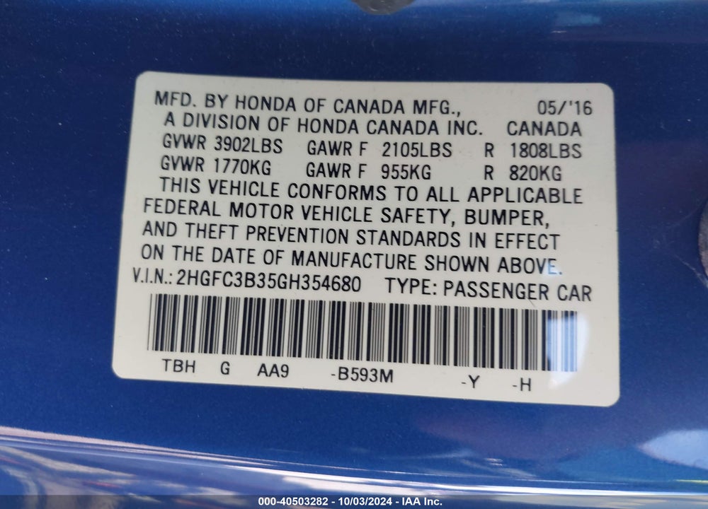 2016 HONDA CIVIC EX-T VIN: 2HGFC3B35GH354680