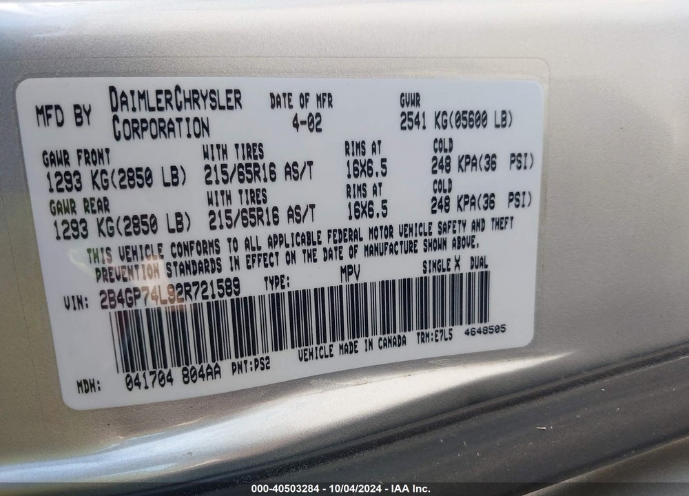 2002 DODGE GRAND CARAVAN EX VIN: 2B4GP74L92R721589
