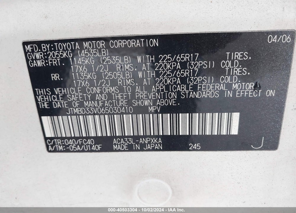 2006 TOYOTA RAV4 VIN: JTMBD33V065030410