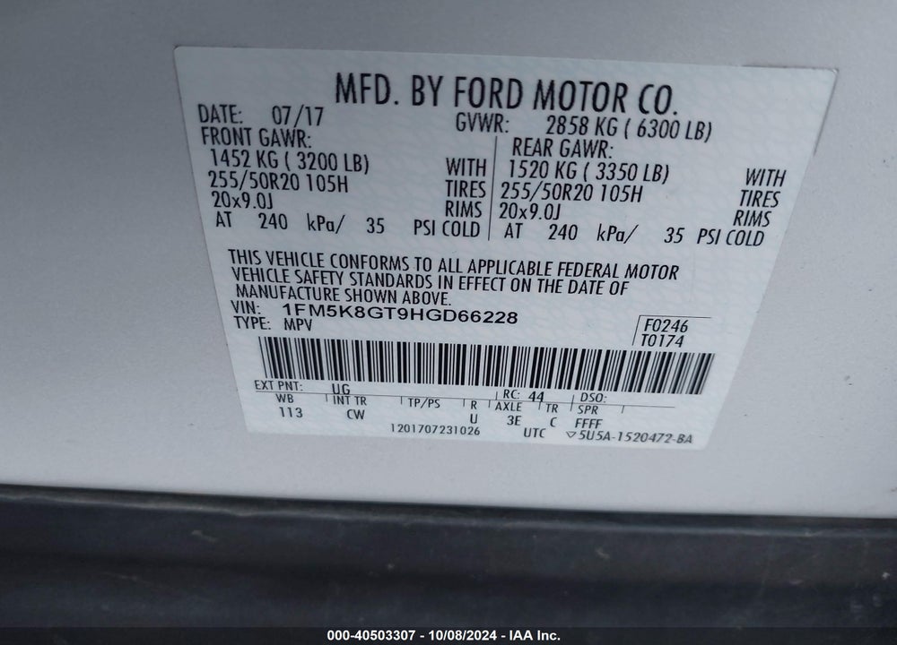 2017 FORD EXPLORER SPORT VIN: 1FM5K8GT9HGD66228