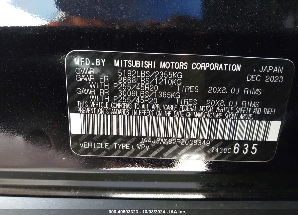 2024 MITSUBISHI OUTLANDER SEL 2.5 2WD VIN: JA4J3WA82RZ038349